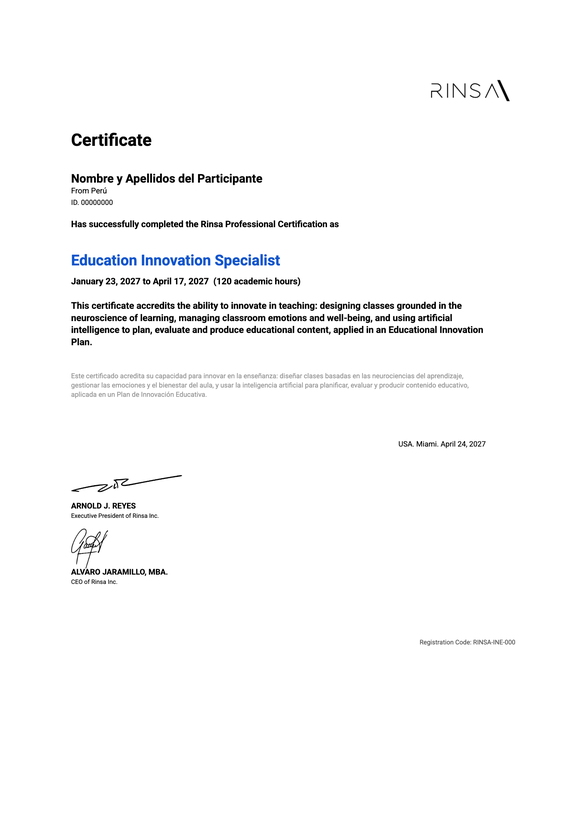 Certificado Práctico de Rinsa Inc. como Especialista en Innovación Educativa